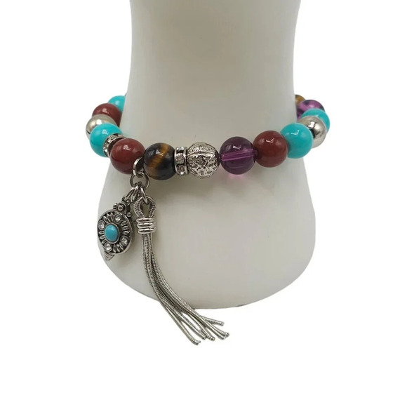 RJ Graziano Cn Blue Turquoise Multicolor Beads Tassel Charm Stretch Bracelet VTG - Picture 2 of 6